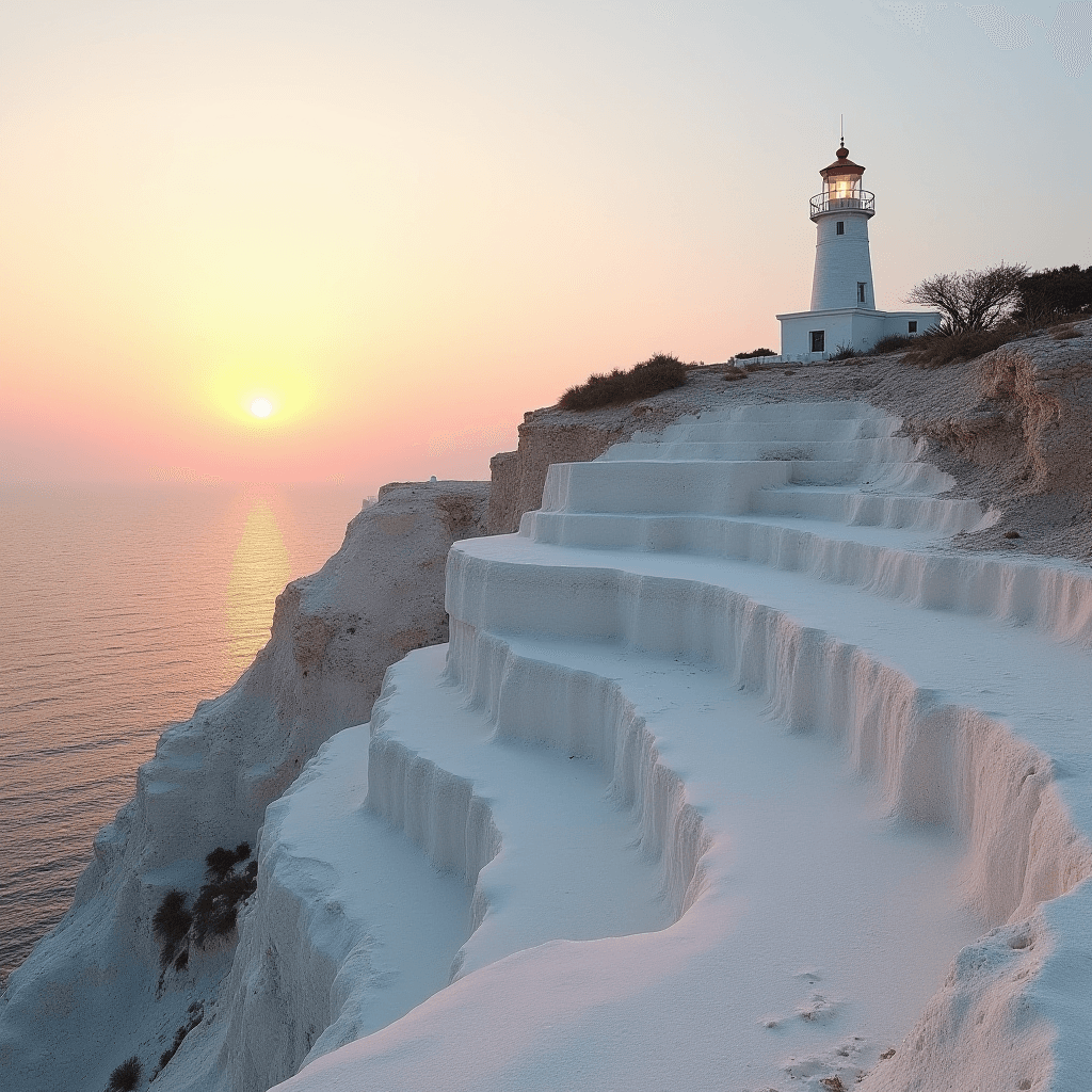 A lighthouse stands atop terraced white cliffs overlooking a calm, sunlit sea.