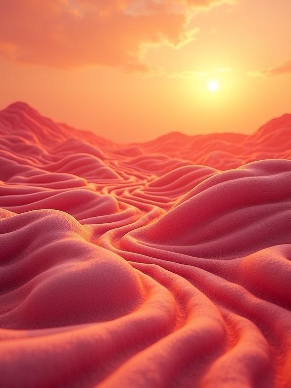 A psychedelic foamy landscape with zigzag patterns. Vivid red and hot hues create impact and contrast. The landscape appears misted and evokes warmth. The aesthetic is minimalist and luxurious. Soft golden light casts gentle shadows. The background features a warm gradient of oranges and pinks for depth and tranquility.