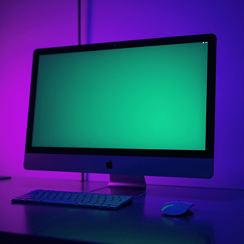 A desktop computer with a green screen, keyboard, and mouse is set against a purple-lit backdrop.