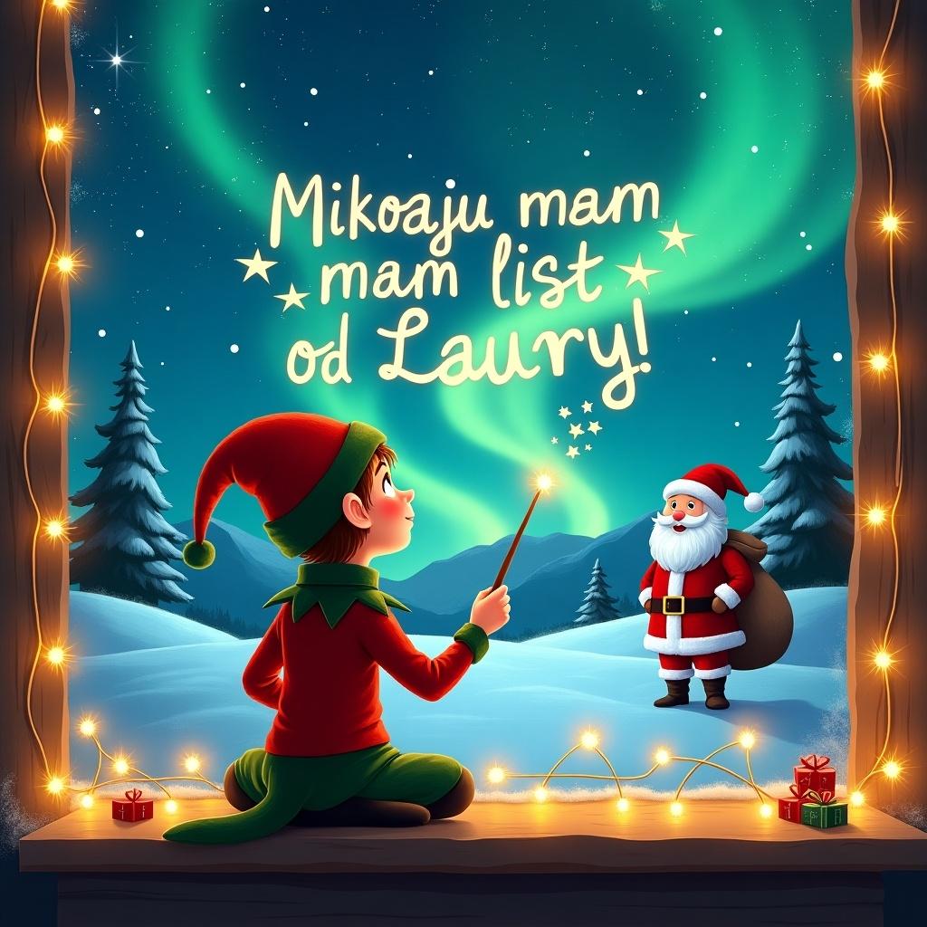 Holiday illustration showing an elf viewing northern lights. The elf uses a wand to write 'Mikołaju mam list od Laury!' in the sky. Santa Claus stands nearby with a sack of gifts. Cozy room atmosphere with twinkling lights.