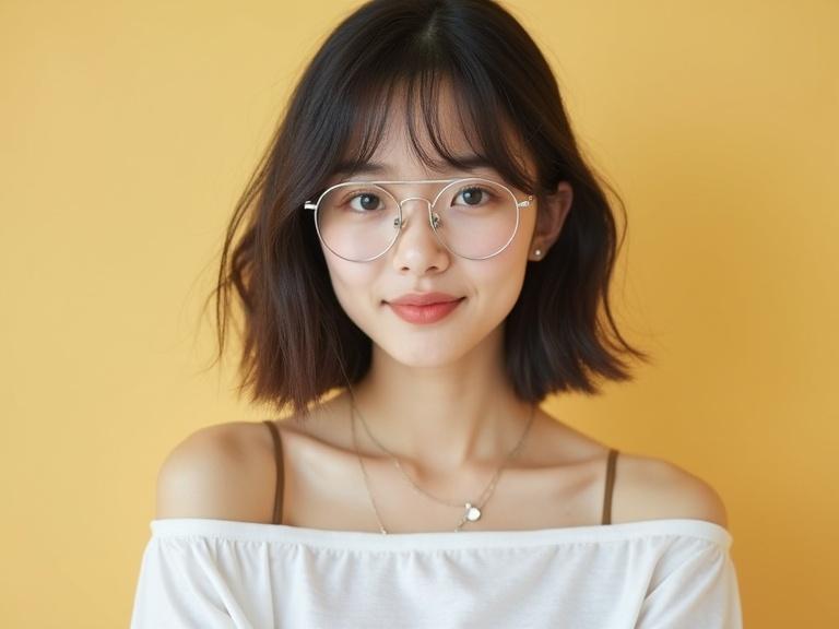 Young Japanese woman with short hair wears off-shoulder t-shirt and round glasses. Background is vibrant and colorful with a focus on her facial features.