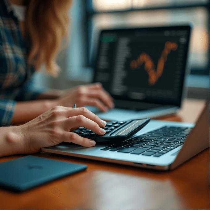 A person uses a calculator while analyzing a laptop screen displaying a financial graph.