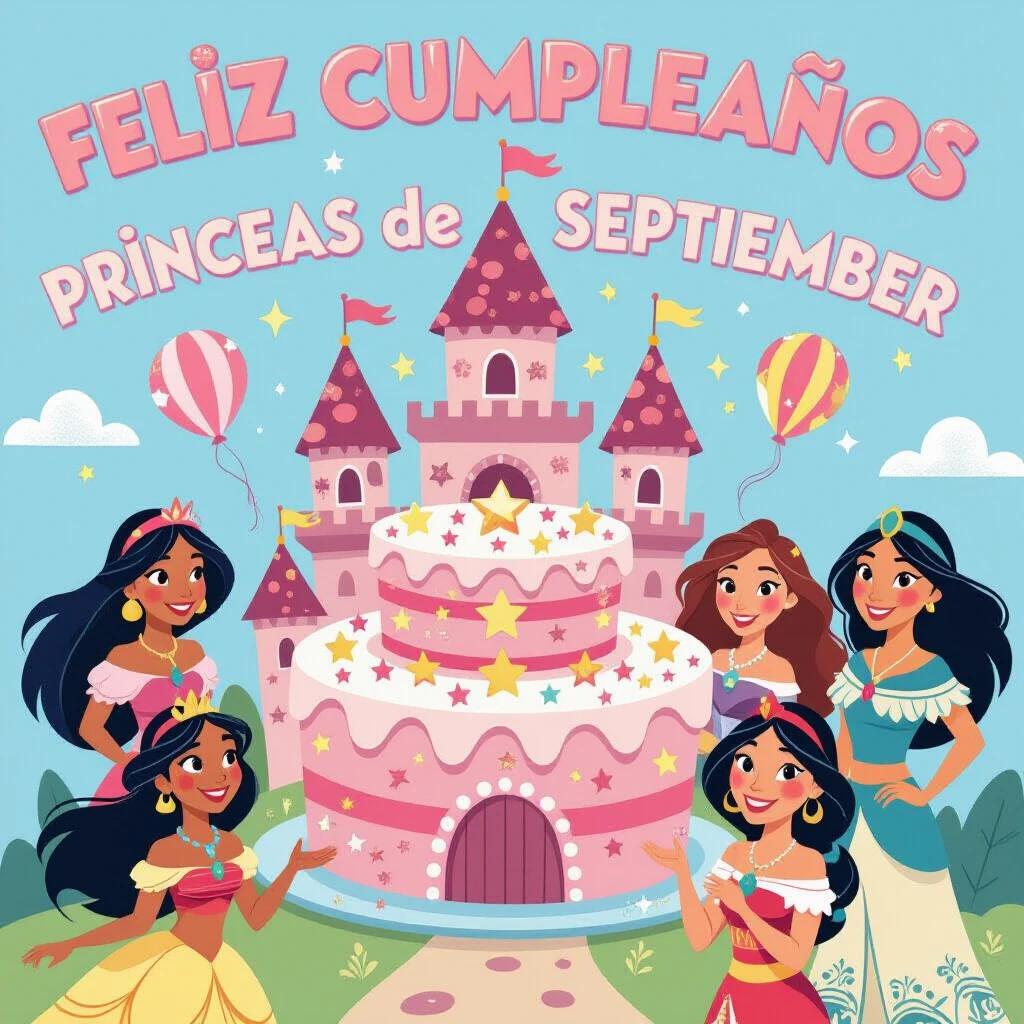 Cartoon style image for girls with bright colors. Background features a pink castle and balloons. The cake is decorated with stars and confetti. Surrounding characters include Snow White, Moana, Jasmine, and Mulan, all with cheerful expressions. The text states 'Happy Birthday Princesses of September' in large colorful round letters.