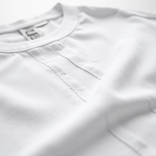 An extreme close-up of white t-shirt fabric. Stitches are visible clearly in high resolution. Studio lighting is used to highlight the texture. Composition emphasizes detail in threads and weave.