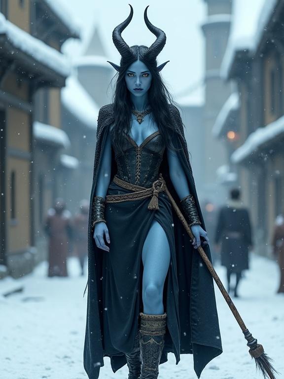 A high fantasy scene featuring a young devil woman with blue skin. She has long black hair and curled horns. She wears a sleeveless tavern dress with a split skirt over traveling boots. A heavy black cape drapes over her shoulders. Snow covers the ground as she walks through a medieval town carrying a long lance wrapped in black cloth.