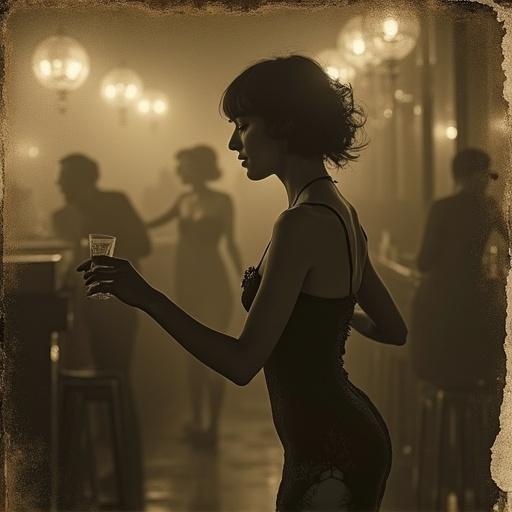 Flapper girl dances in a dimly lit art deco speakeasy. Aged sepia photograph with torn and water-damaged edges. Inspired by Tsuyoshi Nagano's style.