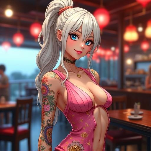 Smiling woman in a luxurious Japanese restaurant. Colorful tattoos visible on her arms. She wears a fancy light pink traditional outfit. Modern decor and warm atmosphere emphasize her presence. Elegant setting with wooden tables and ambient lighting. Nighttime in Miami.