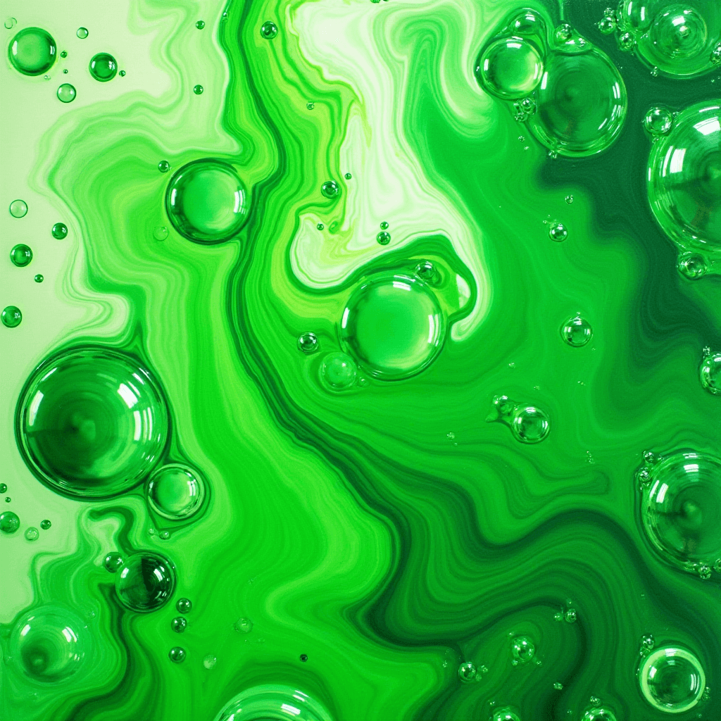 A vibrant abstract design of swirling green hues with bubble-like formations.