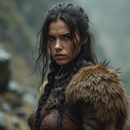Woman dressed as a barbarian in a detailed and realistic fantasy environment. Strong presence with textures in focus.