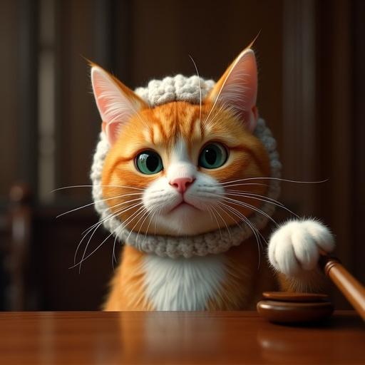 Photorealistic 3D render of a portly orange tabby cat with white patches. Cat has green eyes and a pink nose. Cat wears a British judge's wig. Scene set in a dark, polished-wood courtroom. Extreme close-up on cat's face showing shock and fury. Right paw lifted, holding a judge's gavel, just before striking.