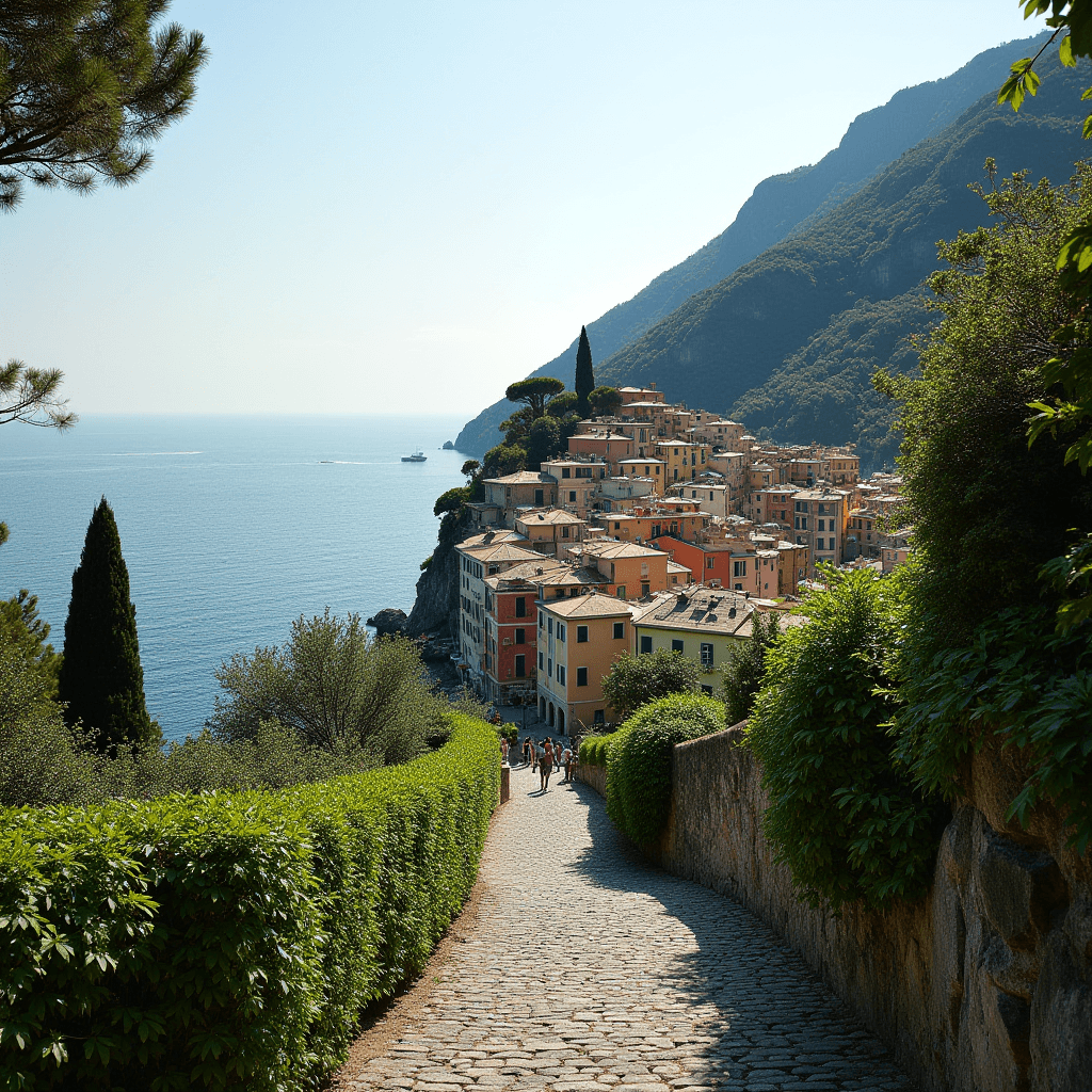 A picturesque village with colorful buildings hugging a cliff overlooking a calm sea, framed by lush greenery and a cobblestone path winding down to the shore.