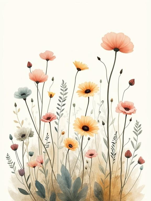 Abstract watercolor-style design featuring a variety of wildflowers in gentle hues. Arrangement includes a mix of flower types and shades. Soft, dreamy background complements floral display.
