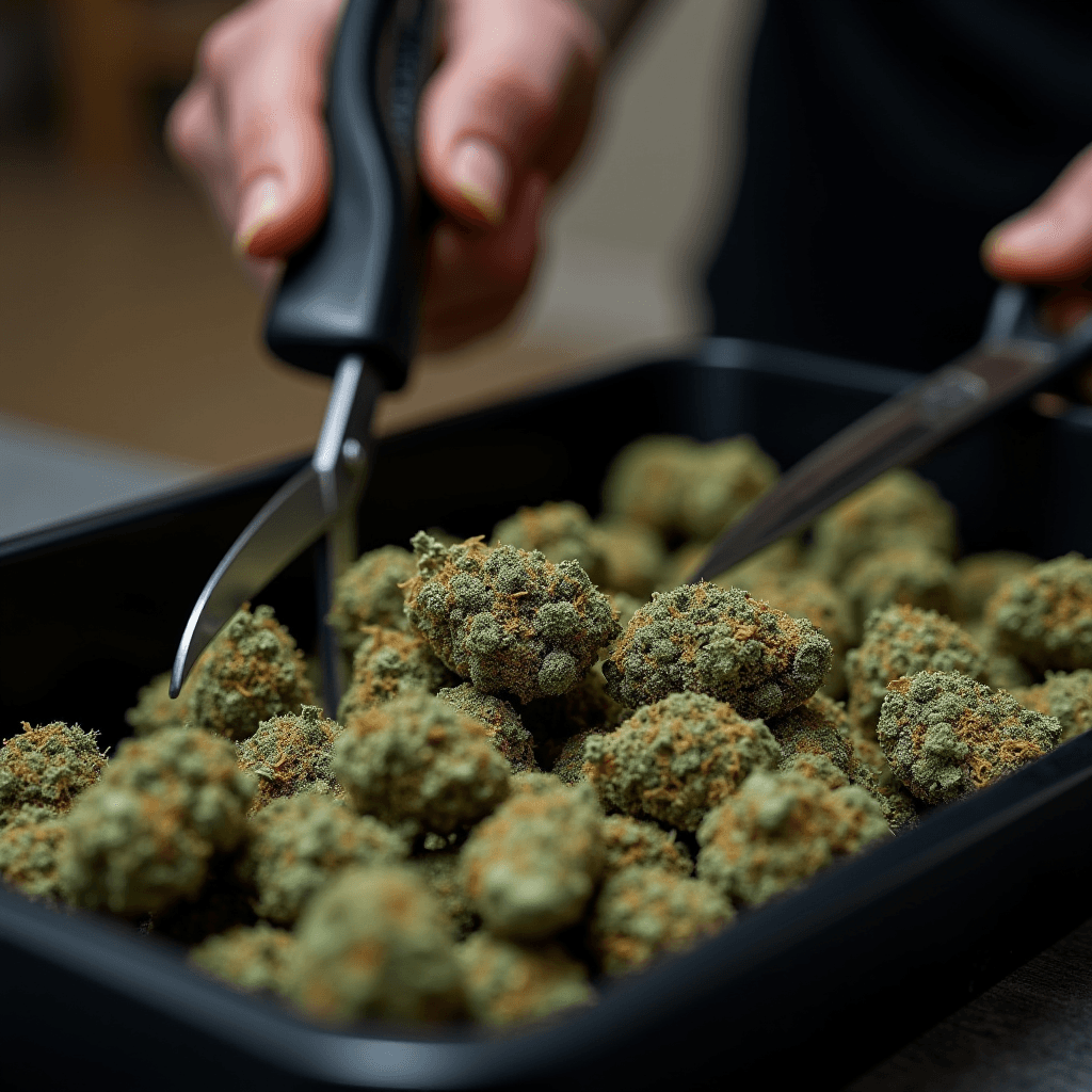 The image captures a close-up shot of cannabis buds being carefully trimmed with scissors. The dense, green buds are covered with orange pistils and frosty trichomes, indicating their potency. The hands gripping the scissors are focused on trimming the excess leaves, suggesting a meticulous process. The container holding the buds suggests this is part of a larger batch, prepared for drying or further processing. The overall atmosphere is one of careful craftsmanship and attention to detail, typical in the cultivation of high-quality cannabis.