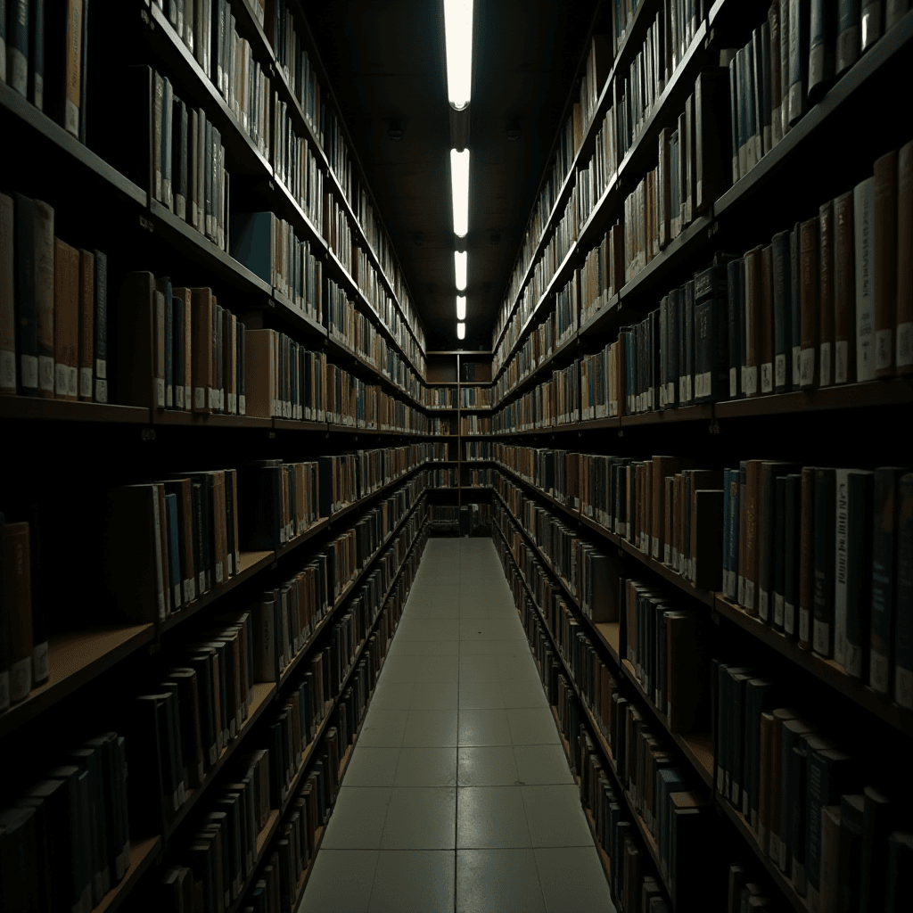 A dimly lit library aisle lined with shelves full of books stretching into the distance.