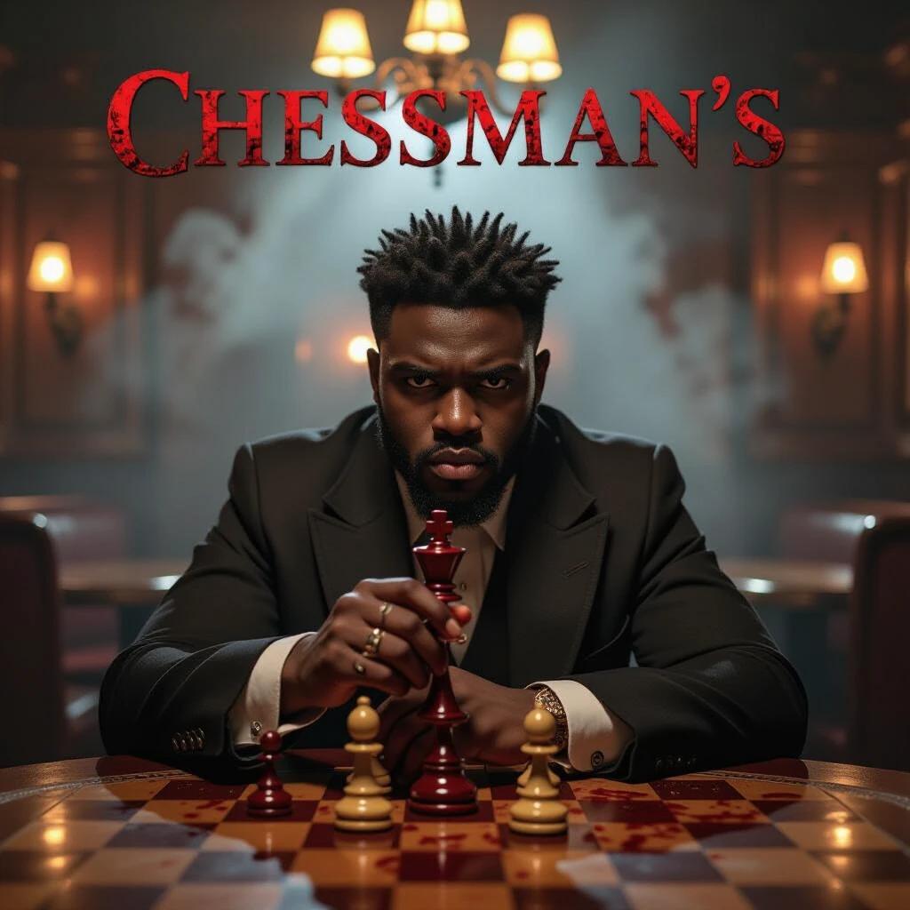 Chessman's Curse is a movie poster. Title written in distressed Victorian typeface in blood red. A knight chess piece is clutched by a character in a stylish suit with blood stains. Background shows a smoky pub with soft light from a chandelier. Sepia tones enhance the visual appeal and has high-resolution textures.