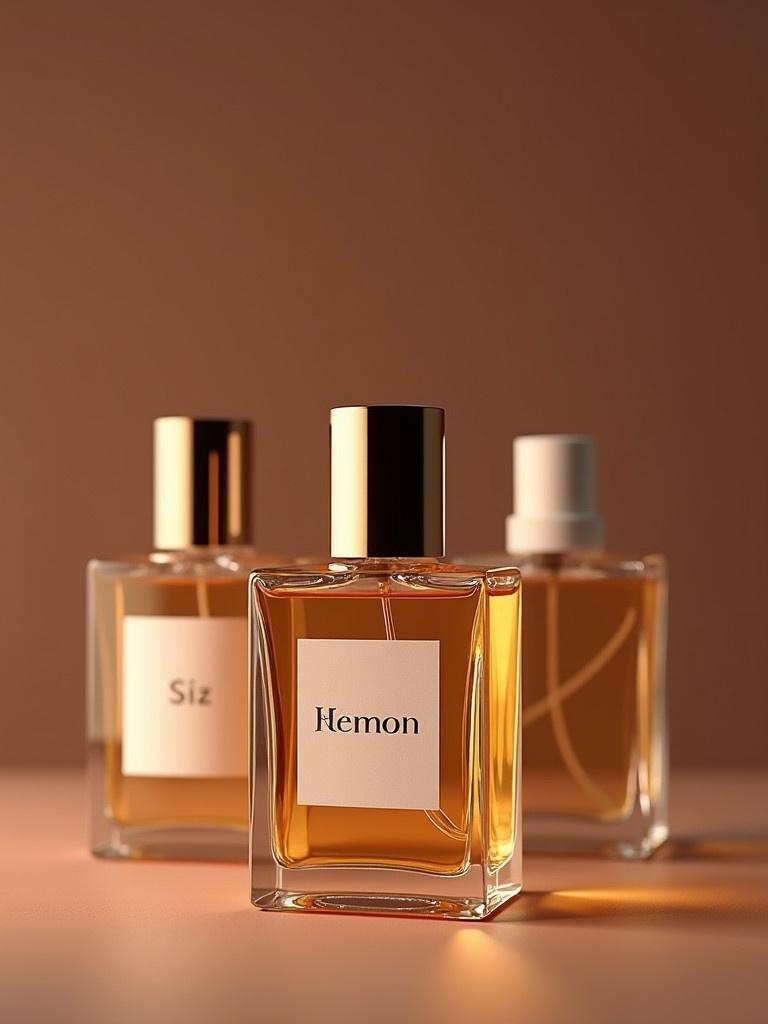 Elegant arrangement of three perfume bottles. Bottles have different designs. One bottle features a gold cap another has a white cap. Warm lighting enhances the amber liquid inside each. Ideal for e-commerce showcasing.