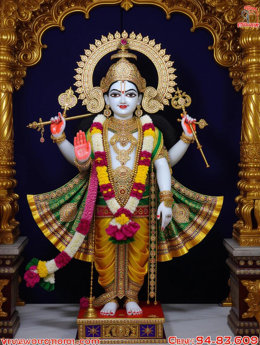 Lord Muruga statue designed in intricate detail. Colorful floral and traditional ornaments embellish the attire. The statue depicts a divine presence. Hindu cultural elements are prominently displayed.