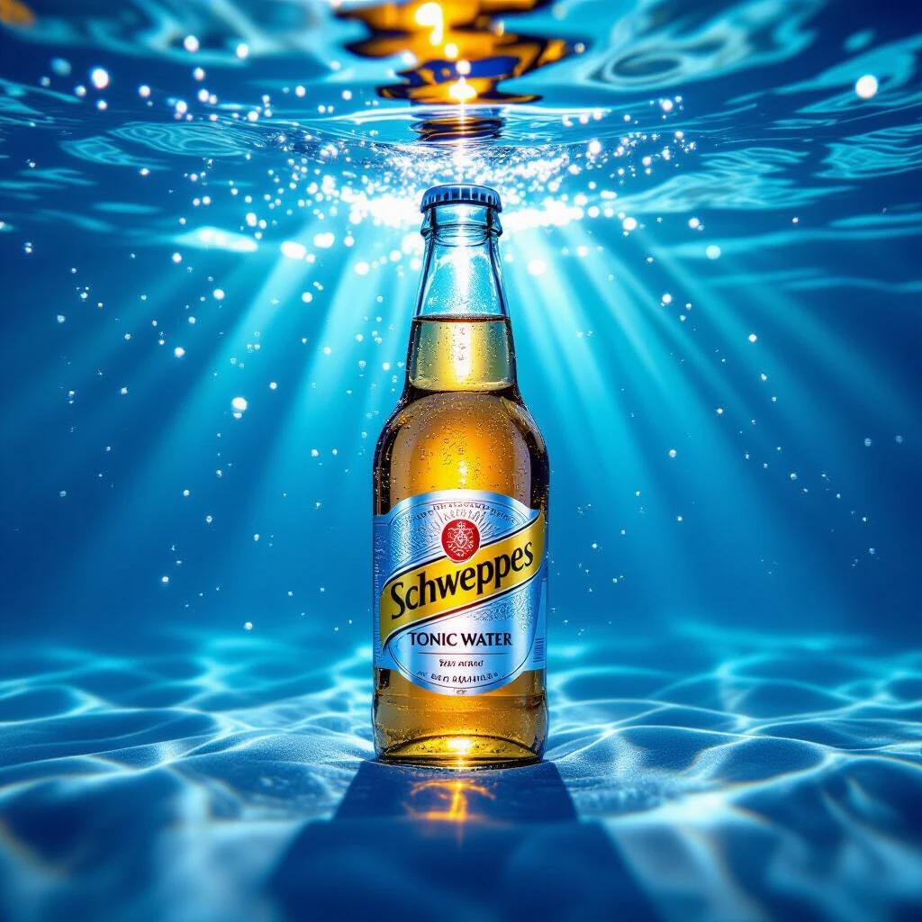 A small glass soda bottle like Schweppes tonic water seen underwater from below. Clear front label faces the camera. Hard light beams come from the surface creating reflections. Scene filled with fizzy bubbles and floating particles. Deep blue water background.