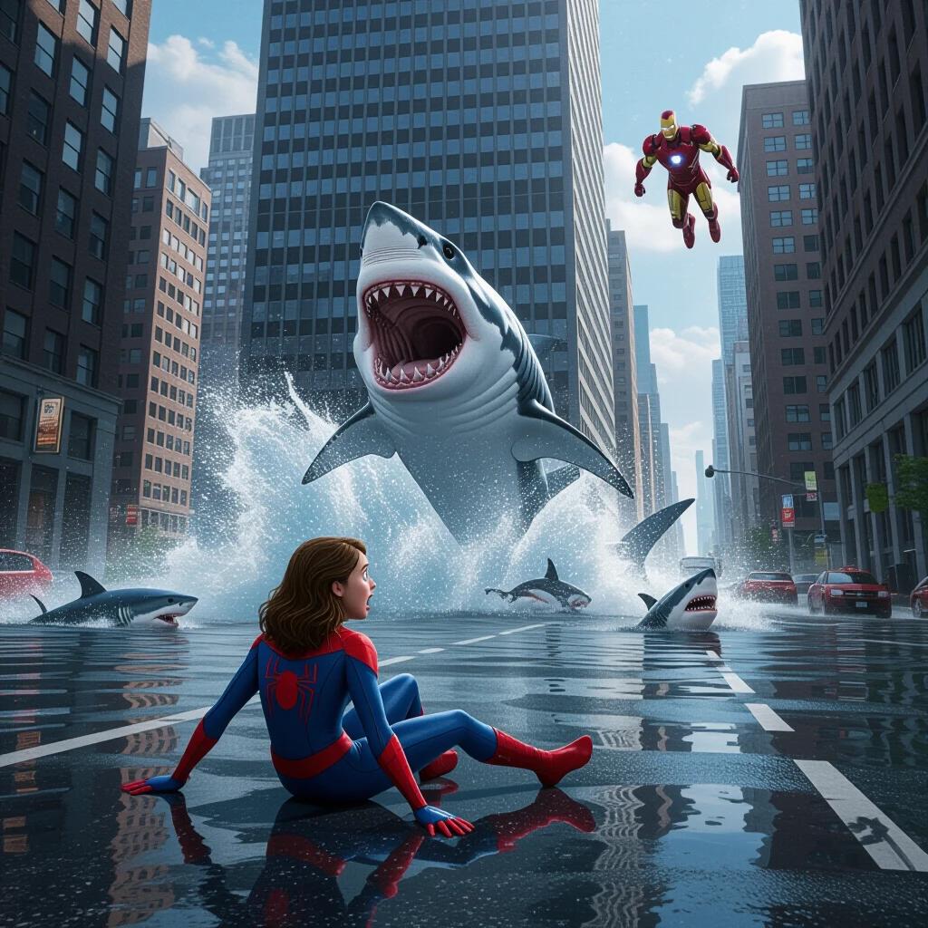3D Pixar-style photorealistic scene in flooded city street. Young female superhero in Spider-Man suit crawls on wet pavement. Massive great white shark bursts from skyscraper, jaws wide open. Iron Man flies above chaos. Tall buildings surround action, reflections shimmer in flooded ground.