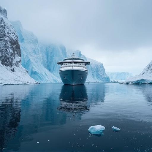 Photographic image of a luxury cruise ship in Arctic waters surrounded by icebergs and glaciers.