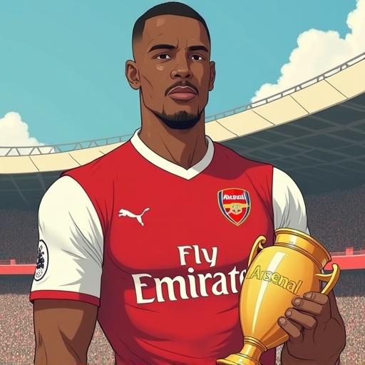 Character in red Arsenal jersey holds Premier League trophy. Animation style inspired by Ghibli. Bright vibrant atmosphere in a stadium setting.