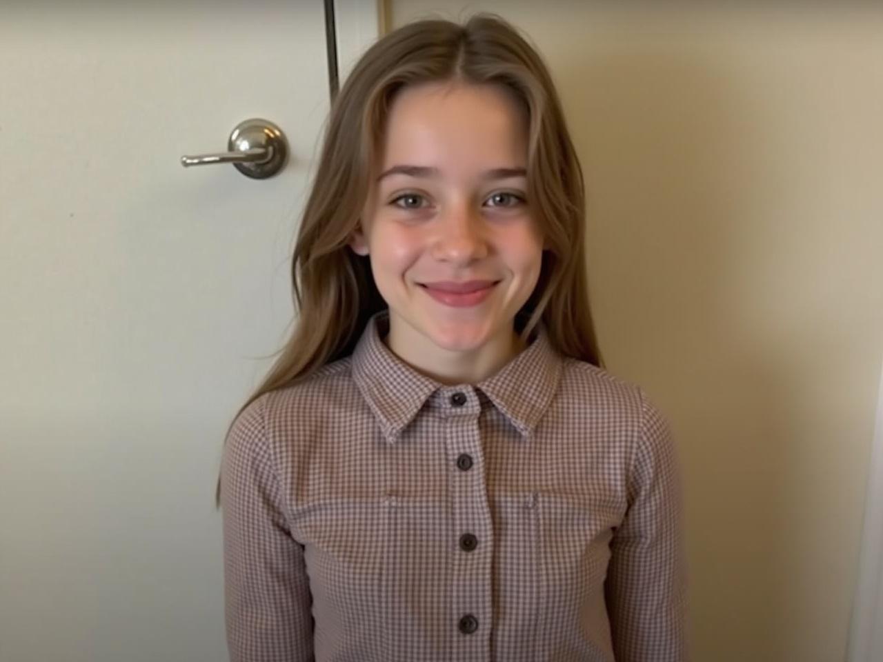 This image features a cute girl with a bright smile. She appears to be around 18 years old, standing in front of a plain background. Her hair is long and loose, adding to her youthful look. She wears a button-up plaid shirt that complements her cheerful demeanor. The lighting is soft, enhancing her natural beauty and inviting personality.