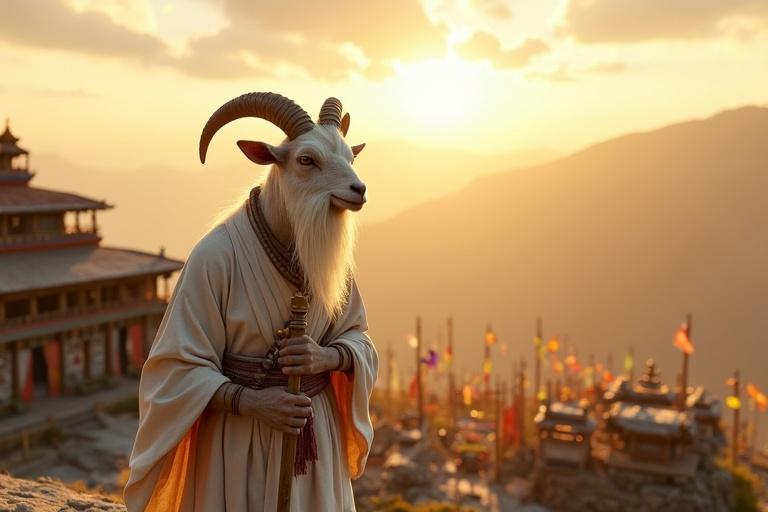 A majestic anthropomorphic goat stands on a mountain plateau. The goat has a long white beard and wise eyes. He wears a monk robe and holds a wooden staff. Behind him is a training ground with bamboo and colorful prayer flags. A golden sunrise bathes the scene in warm light.