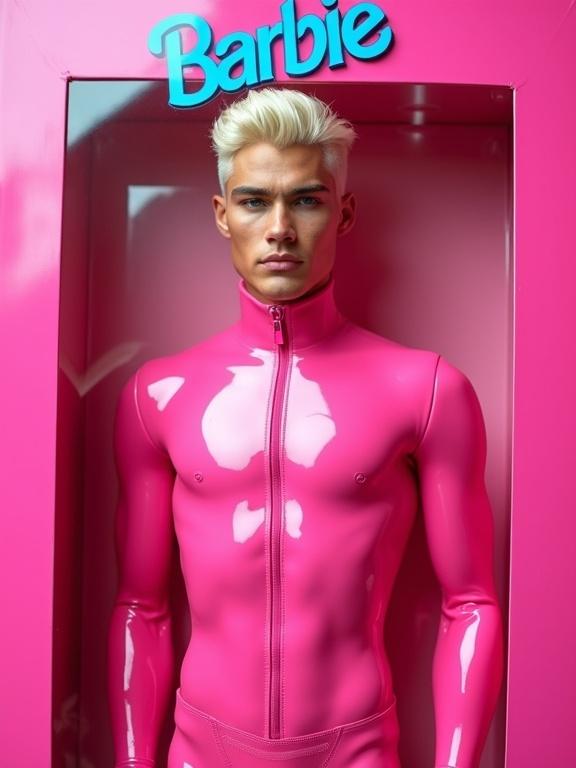 Conceptual fashion photo shows male model in life-size Ken doll package. Model wears glossy hot pink vinyl bodysuit. Display framed by bright pink borders. Blue 'Barbie' logo at top. Model has platinum blonde hair and sculpted features. Beauty lighting enhances appearance. Shallow depth of field used.
