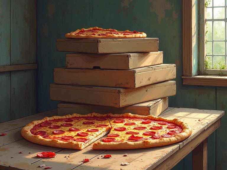 Sturdy wooden table with a large pepperoni pizza resting on it. Stacked pizza boxes in the background. A soft glow from the window highlights the scene. Cel-shaded painterly 3D anime style.