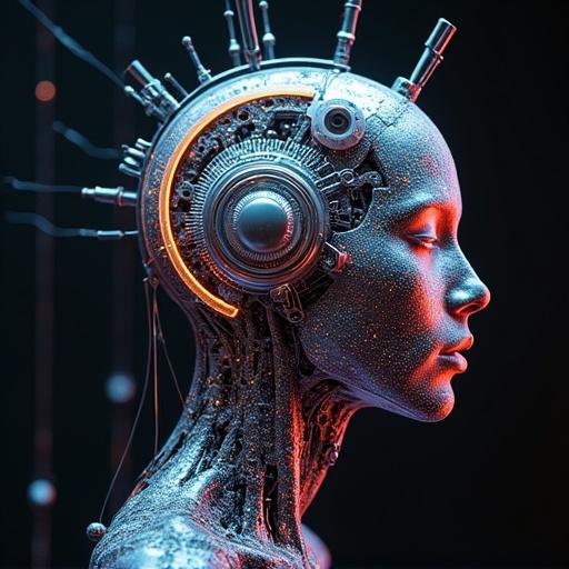 A close-up image of a biomechanical styled head designed for a DJ. Features intricate details and a kaleidoscopic appearance. Vibrant lighting highlights the futuristic design.