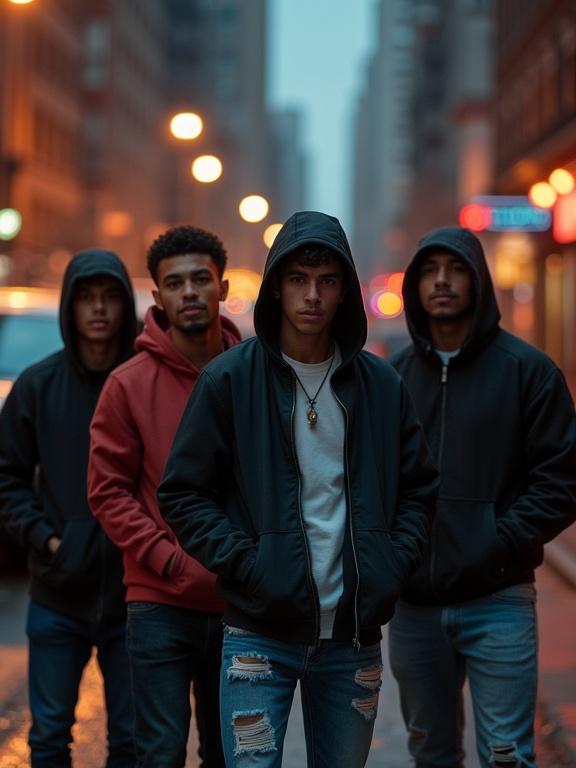Photorealistic portrayal of a group of young men in hoodies. Modern day New York City street scene. No violence depicted. Aggressive demeanor suggested through body language. Puerto Rican representation in urban settings. Fashionable attire including ripped jeans and accessories. Scene illuminated by flickering streetlights creating a moody atmosphere.