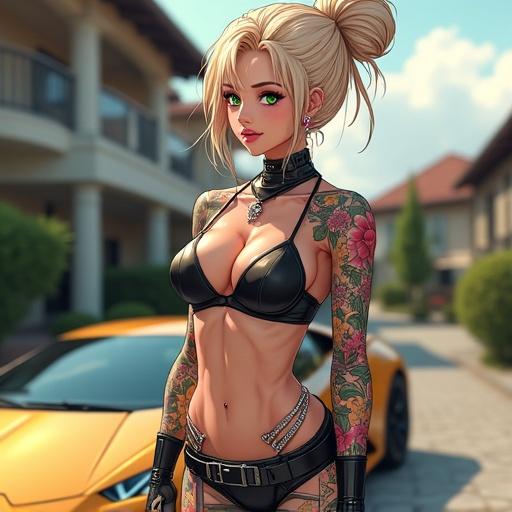 Anime character representing a futuristic concept. Woman in her 50s with emerald green eyes and elegant blonde bun. Features luxurious tattoos, pink diamond jewelry, muscular build with abs, cybernetic leg. Set in an upscale garage with a Lamborghini. Wearing modern biker streetwear. Beautiful and vibrant colors, traditional Japanese elements. Reflects a co-lead of a ninja clan.