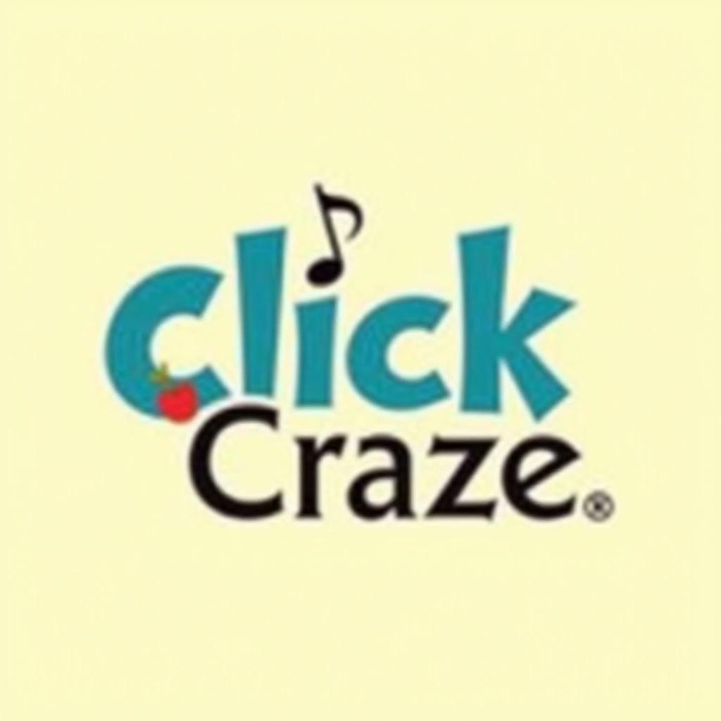 Image features the name Click Craze in playful font. Musical note integrated into the design. Soft light yellow background creates an inviting atmosphere. Letters are in blue and black colors.