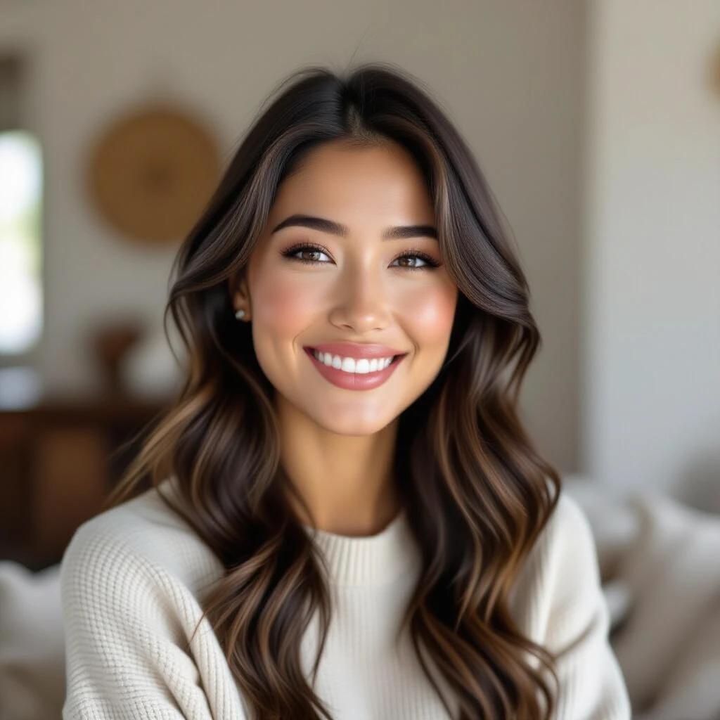 A portrait photo with natural light featuring a woman with long black hair smiling. She shows a warm and soft atmosphere with a hint of wooden furniture in a blurred background. The style is realistic with attention to detail and natural beauty.