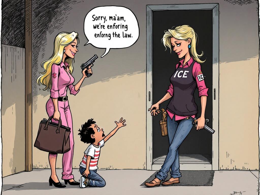 A satirical cartoon illustrating a tense moment between a blonde woman in an ICE uniform and a Latino boy reaching for his mother. The woman holds a gun and a designer handbag while wearing a cheerful yet cold smile. The mother is kneeling with tears. The setting is minimal but emotionally charged.