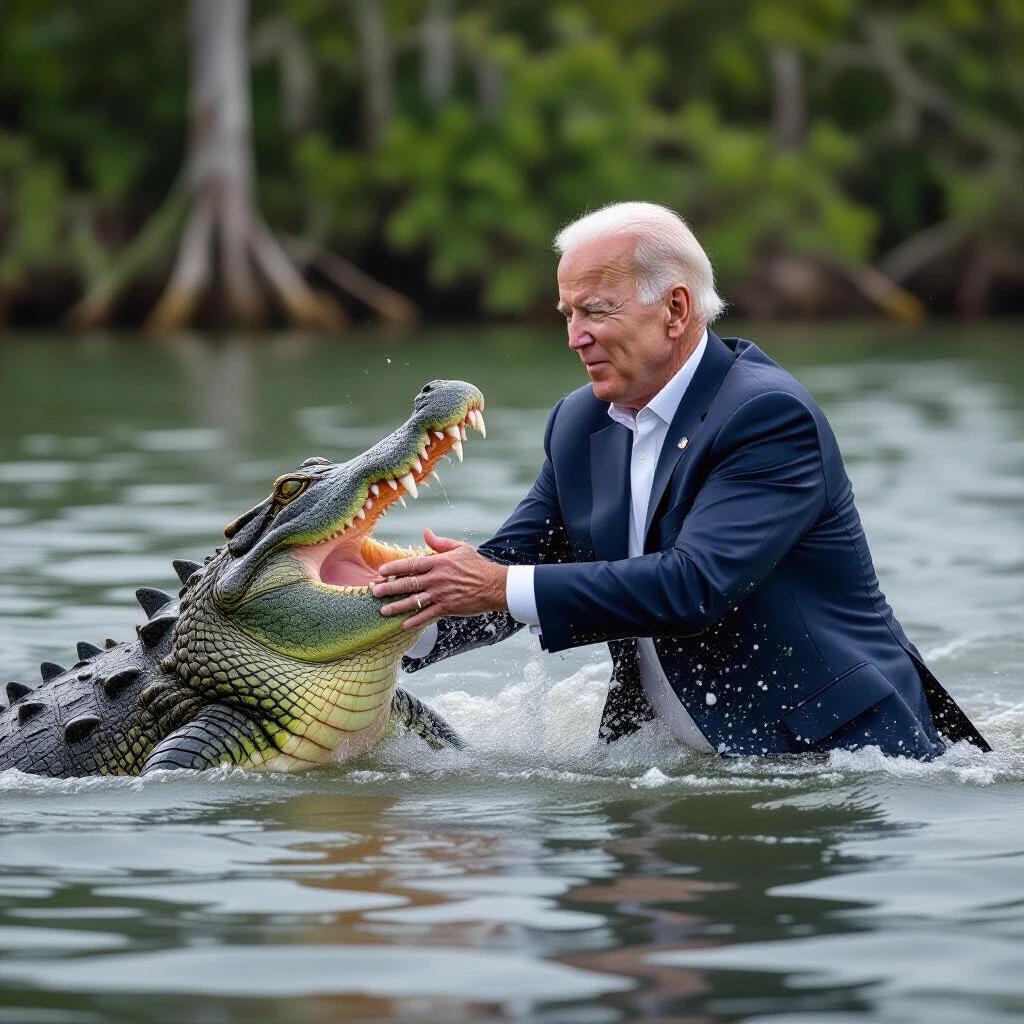 Joe Biden is fighting with an alligator in water. The alligator is aggressively biting. Splashing water occurs around them. Biden is wearing a suit. Expression of struggle is visible.