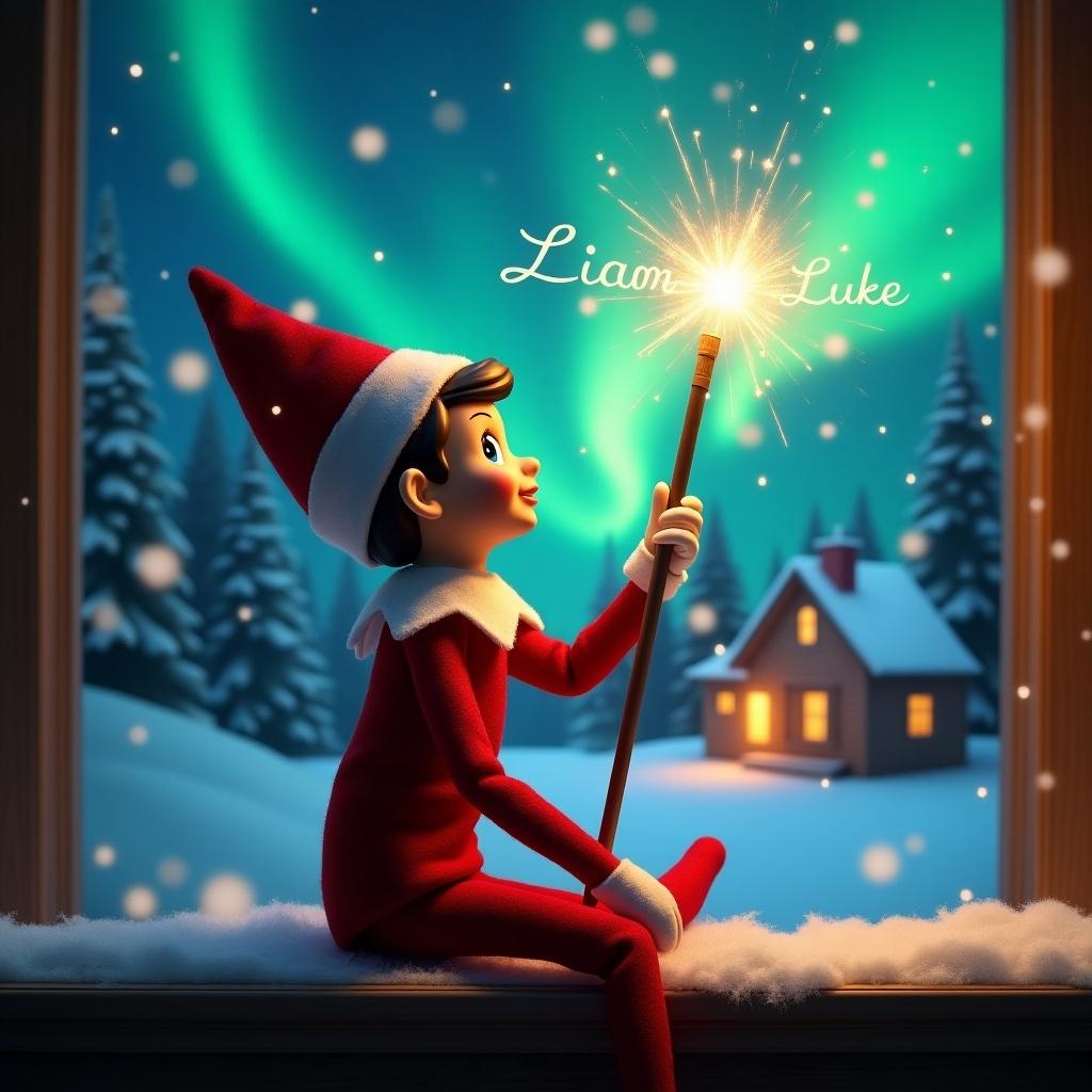 An elf on the shelf sits with its back to the viewer. The elf gazes skyward while holding a glowing wand. A charming Christmas scene is shown with colorful northern lights. A cozy house can be seen in the distance. Snow is on the ground. The elf embodies magic and wonder of Christmas. The name 'Liam & Luke' appears in the air from the wand.