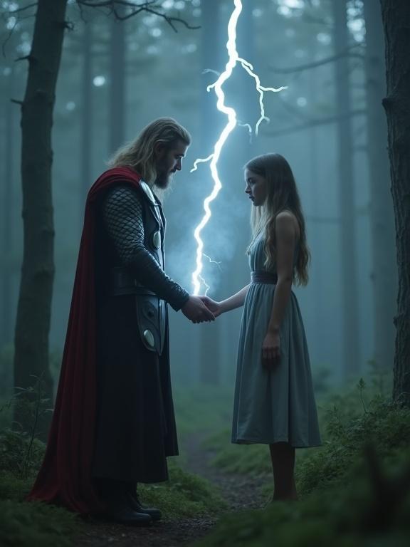 Cinematic Norse forest scene. Thor and a barefoot girl holding hands. Lightning from Mjolnir touches her fingers. Fog surrounds them. Girl's expression is awe-filled. Moody, realistic, mythic atmosphere.