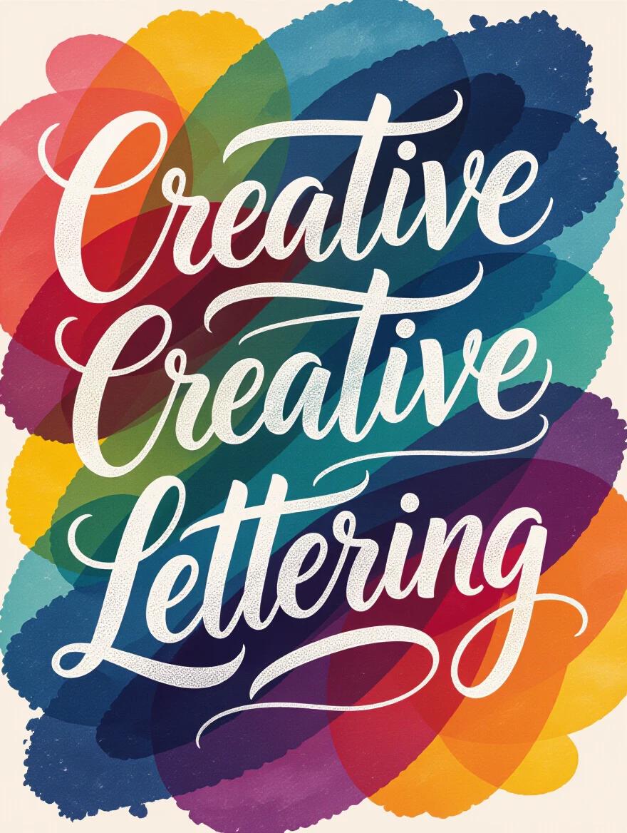Contemporary brush lettering artwork features bold strokes and fluid calligraphy. Vibrant gradient colors flow through each letter with dynamic baseline variations. The text 'Creative Lettering' is in flowing script style, showcasing artistic ink bleeds and textures. Professional brush pen technique creates a gallery-worthy typography art.