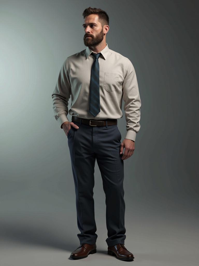 Create a hyper-realistic 3D model of an office man seen from a side angle. Attire consists of a beige shirt paired with navy trousers. Model stands in a relaxed yet professional posture. Lighting is soft and emphasizes the outfit and styling.