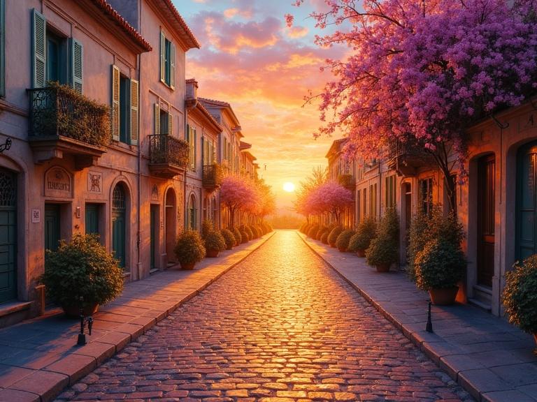 Captivating impressionist painting titled Sunset Over Cobblestone. Depicts warm golden sunset. Cobblestone street with depth and texture. Vibrant sky colors of orange, pink, purple. Serene and nostalgic atmosphere inviting viewer.