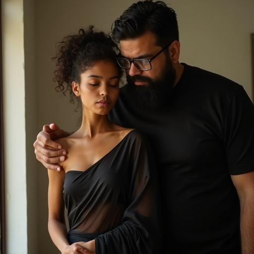 Mirror selfie taken by a skinny Indian model. Model wears a black sheer nylon saree. Curly hair is tied in a messy bun. Skin appears oily on neck, arms, shoulders, and face. She leans in front of a tall friend in a black t-shirt. The friend has a scruffy beard and rectangle glasses. His hands rest on her neck area.