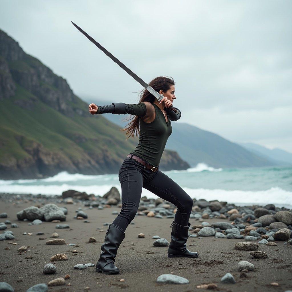 A woman stands in a fighting posture on a beach. She holds a sword. Behind her are mountains and an ocean.