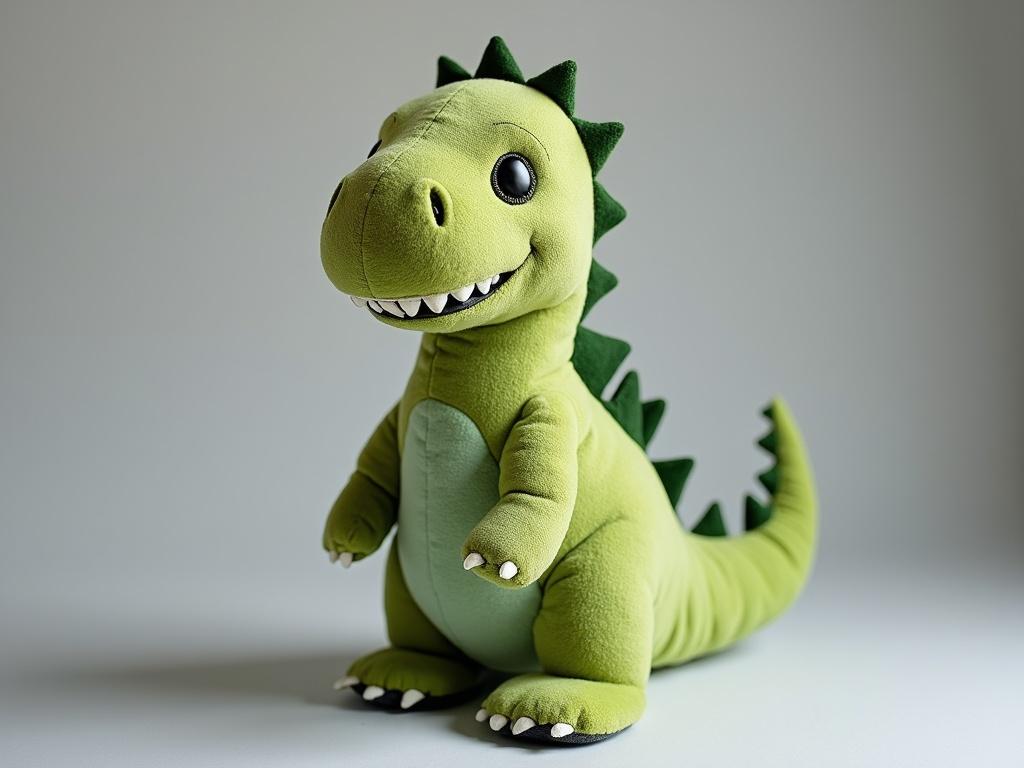 Plush dinosaur toy made from patchwork fabric with green shades. Friendly expression, large black eyes, stitched teeth. Stands upright with arms out and curled tail against gray background.