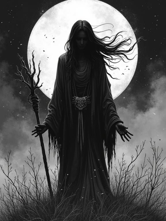 Black and white illustration depicting a woman involved in a dark sacrificial ritual. The woman embodies an elder god with an eerie background of a large moon. Elements of psychological horror and dark themes are present.