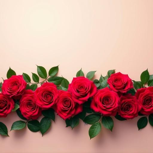 Horizontal bar-style background features a bunch of vibrant red roses arranged side by side. Roses are rich red with lush green leaves forming a continuous floral border. Background is soft and subtle providing clear space above for karaoke text. Elegant and romantic perfect for baby song karaoke.