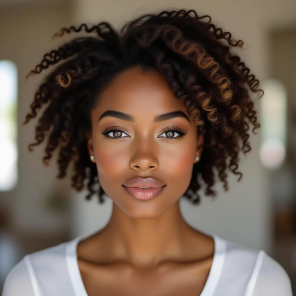 Low-quality phone photo of a stunning 23-year-old Black woman with deep warm brown skin and slight tonal variations. Soft rounded chin smooth jawline expressive dark brown eyes full natural lips. Hair is afro-textured slightly messy. She has a casual candid expression. The image shows slight grain and motion blur with natural lens distortion. Warm indoor ambient lighting has a realistic phone camera aesthetic with an unedited style.