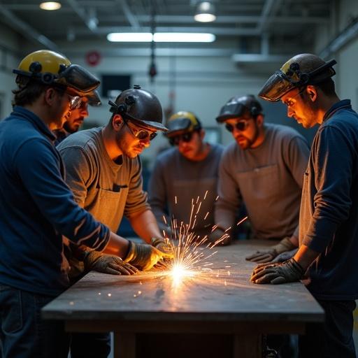 A group of adult students gathers around a metal workbench in a metalworking workshop. A teacher performs arc welding while students observe. Sparks are visible from the welding. Everyone wears personal protective equipment including welding goggles, gloves, and aprons. The workshop is well-equipped with tools for metalworking and has bright overhead lighting. Several students form a semicircle around the teacher actively engaging in the welding process. The focus is sharp, depicting a documentary style in an institutional indoor setting.
