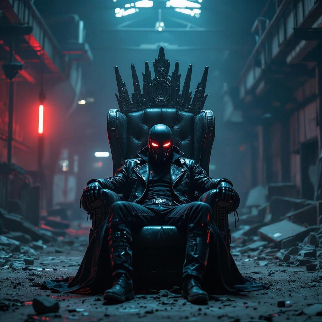 Portrait of a dark masked figure lounging on an impressive throne in a crumbling tech warehouse. The figure wears a leather cyberpunk jacket. The surrounding has ambient red and blue lighting.