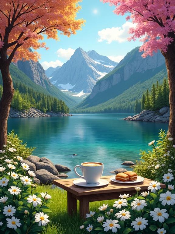 Serene lake surrounded by lush greenery and vibrant trees. Scene framed by trees with colorful foliage. Trees have rounded canopy shape and sturdy trunks. Small wooden table with coffee mugs and sandwiches. Numerous white star-shaped flowers with yellow centers in foreground. Lake reflects landscape and blue sky with clouds. Rugged mountains with snow-capped peaks in background. Rich color palette of green, blue, pink, yellow, and white.